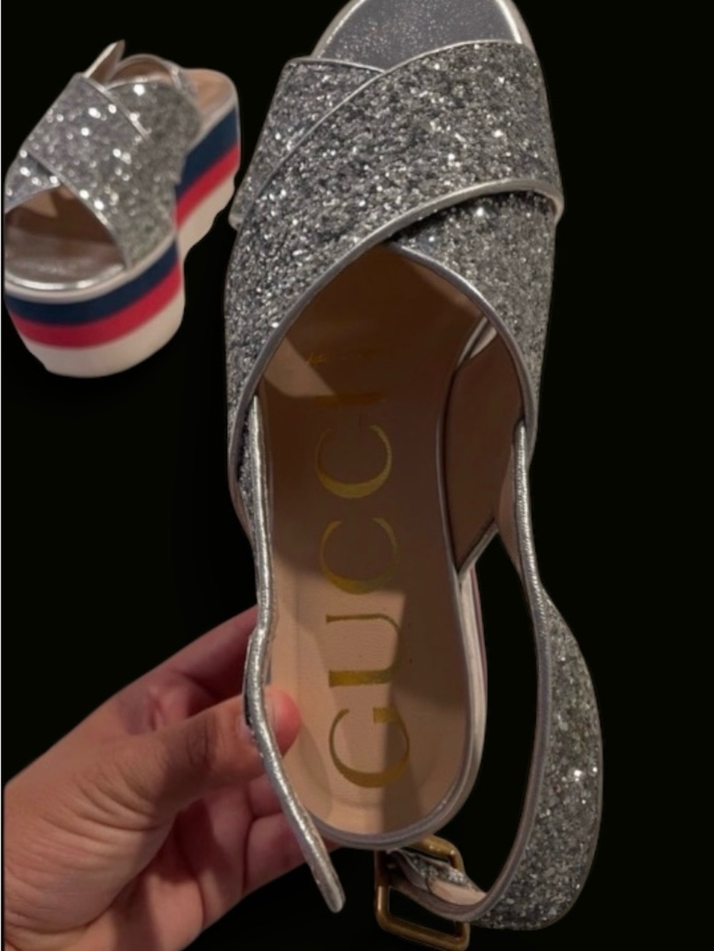 Gucci Silver Glitter Platform Sandals with Blue and Red Stripes